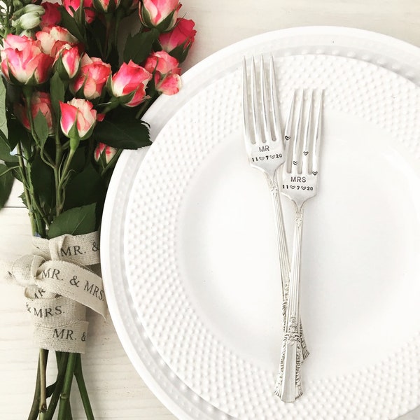 Personalized Wedding Forks- Mr and Mrs, dated, with heart tines.  Vintage silverplate, hand stamped