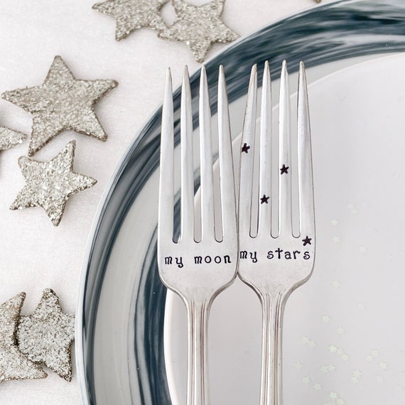 Hand Stamped Wedding Forks - My Moon & My Stars, Celestial Wedding