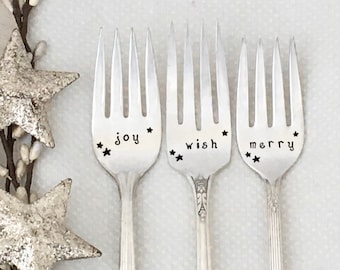 Christmas dessert forks, hand stamped vintage silverware, holiday table decor