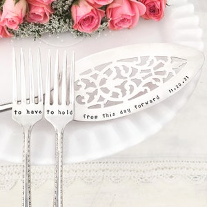 Wedding Cake Server and Fork Set, vintage silverplate, hand stamped and personalized - To Have and To Hold From This Day Forward