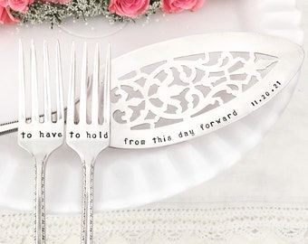 Wedding Cake Server and Fork Set, vintage silverplate, hand stamped and personalized - To Have and To Hold From This Day Forward