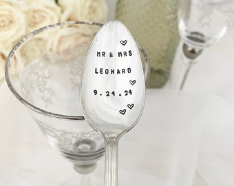 hand stamped vintage wedding spoon -mr and mrs, personalized bride and groom -dated,   wedding gift, shower gift, wedding favors,
