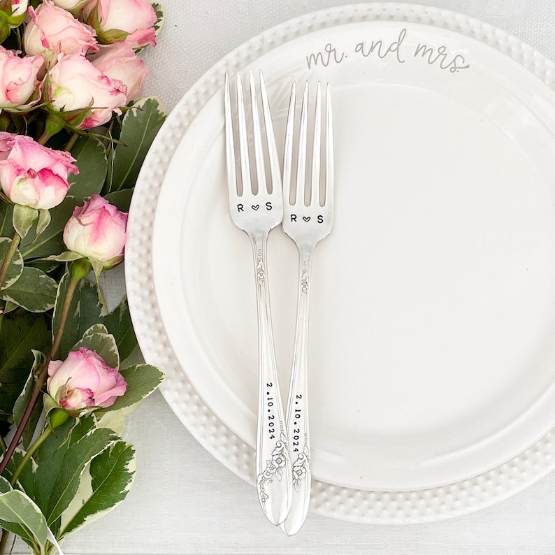 Personalized Wedding Forks - hand stamped with initials & dated handles, wedding cake forks, wedding keepsake, monogrammed forks