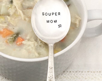 hand stamped vintage soup spoon - Souper Mom, personalized silver spoon, Mother's Day gift, super mom, new mom