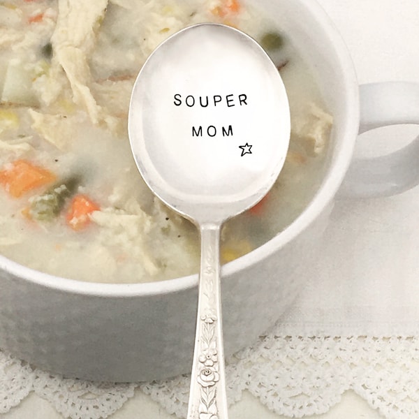 hand stamped vintage soup spoon - Souper Mom, personalized silver spoon, Mother's Day gift, super mom, new mom