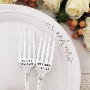 Vintage Wedding Forks Better Together, hand stamped, cake forks, personalized and dated image 1