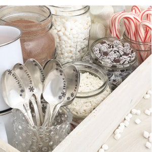 May include: A white wooden tray with various toppings for hot chocolate. The toppings include mini marshmallows, white chocolate chips, candy sprinkles, and candy canes. There are also six silver spoons with engraved names.