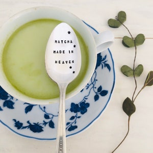 Matcha Made in Heaven, hand stamped silver spoon, tea gift, upcycled vintage spoon