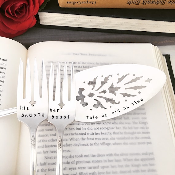 hand stamped wedding forks and cake server, Beauty and the Beast - Tale as old as time    fairytale wedding, enchanted rose, vintage wedding