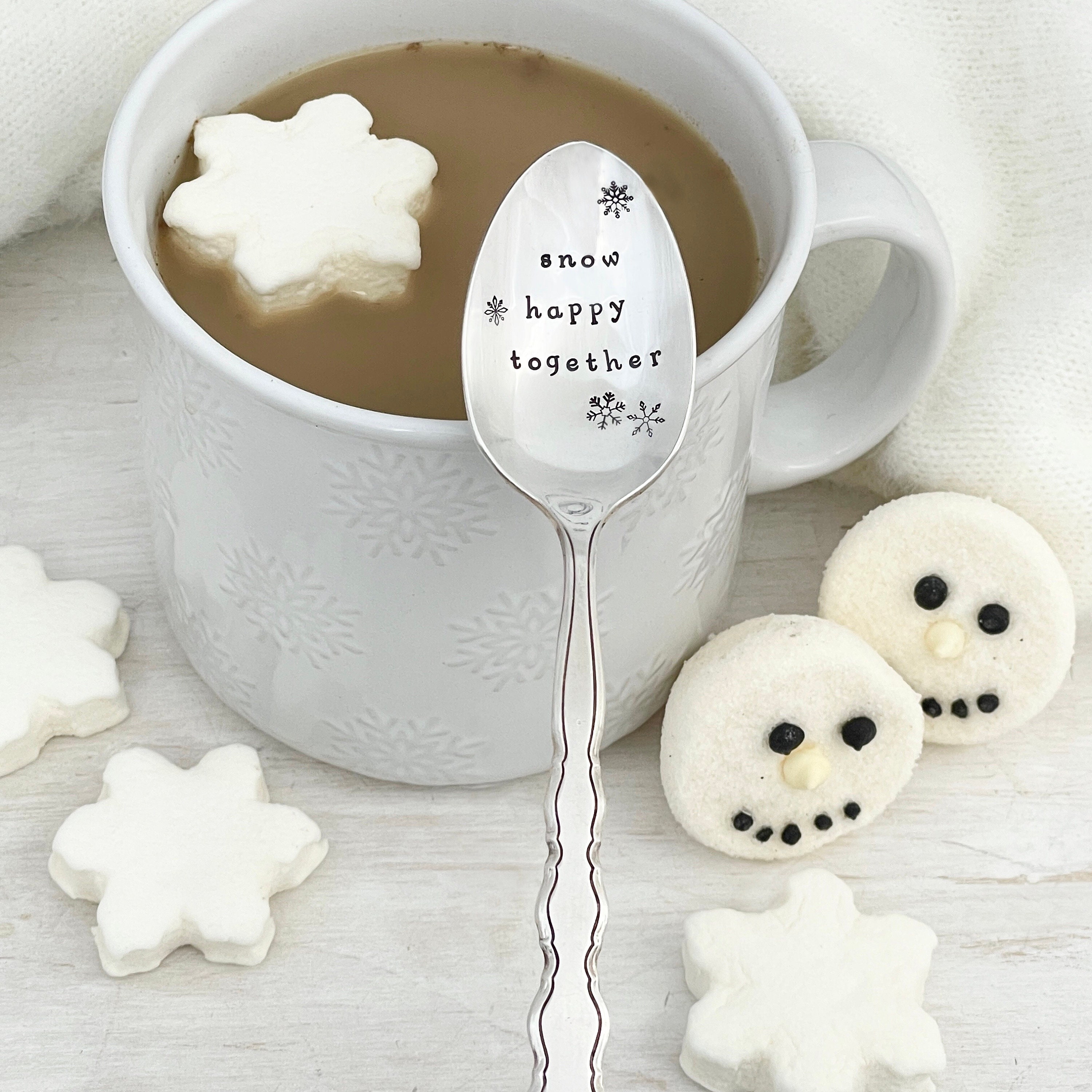 Snow Happy Together - - Hand Stamped Vintage Spoon, Coffee Spoon