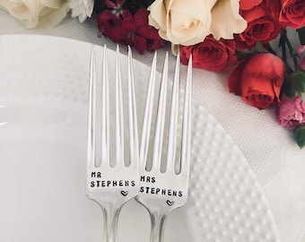 Vintage Wedding Forks - personalized with names and wedding date,  hand stamped silver cake forks, Mr & Mrs wedding gift