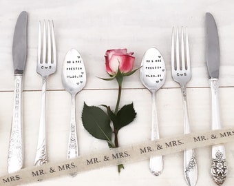 Hand stamped wedding silverware, place setting, personalized wedding keepsake