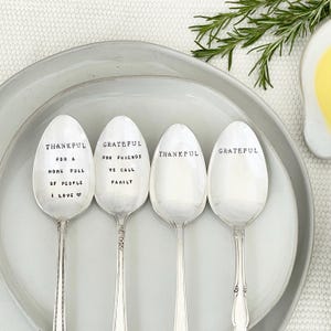 Custom Thanksgiving Serving Spoons, personalized with your words - What are you thankful for?   Hand stamped vintage silverware