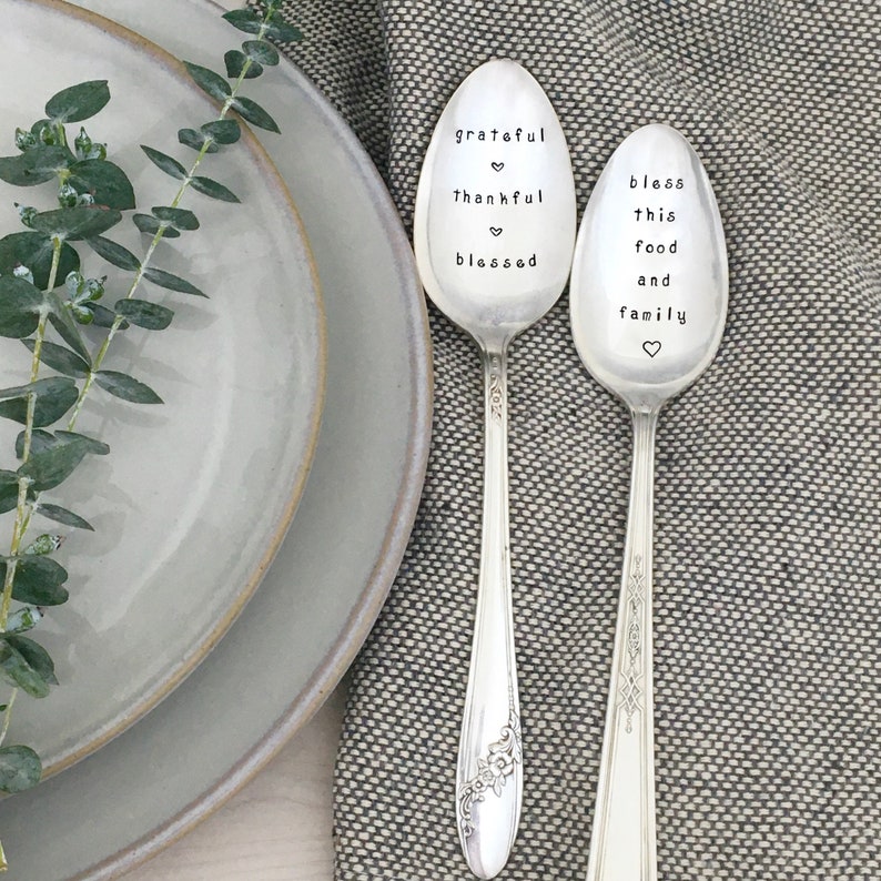 hand stamped serving spoon Bless this food and family Holiday serving spoon, Thanksgiving serving, hostess gift, housewarming, new home image 3