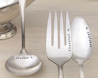 Hand stamped vintage silver Holiday serving set - Grateful, Thankful, Blessed , mixed patterns, antique silverware,Thanksgiving hostess gift