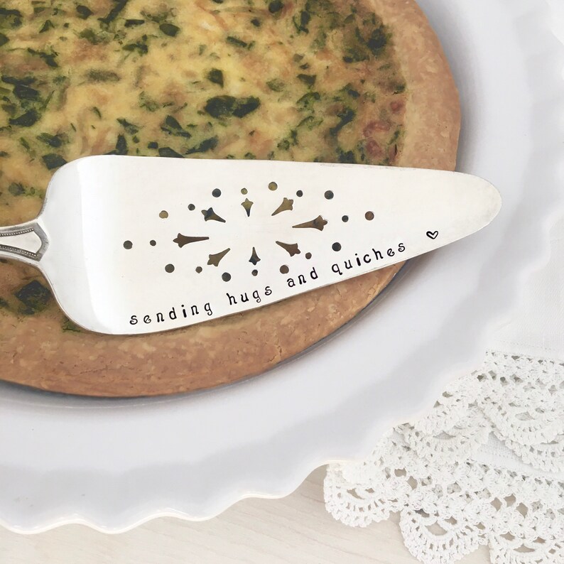 Sending Hugs and Quiches hand stamped vintage server, care package, image 1