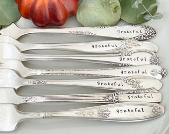 Grateful & Blessed hand stamped dinner forks, thanksgiving table decor, thanksgiving tablescape