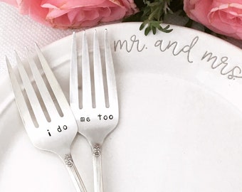 Hand Stamped Vintage Wedding Forks - I do and Me too forks with dated handles,  cake forks, dessert forks, engagement gift