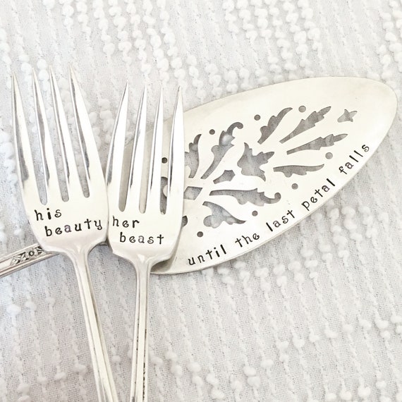 hand stamped wedding forks and cake server Beauty and the Etsy