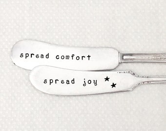 Hand stamped vintage knives   Spread comfort - Spread joy,    Hostess gift, neighbor, co-worker gift -  Homemade butter, jam and jelly