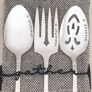 Hand stamped vintage Holiday serving set, matching patterns - Grateful, Thankful, Blessed,  Thanksgiving serving, Holiday hostess gift,