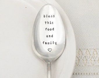 hand stamped serving spoon - Bless this food and family   Holiday serving spoon, Thanksgiving serving, hostess gift, housewarming, new home