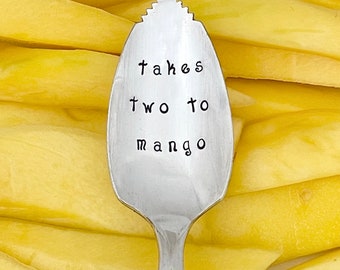 Takes Two To Mango,  vintage silverplate fruit spoon, grapefruit spoon, citrus spoon,  hand stamped and personalized.