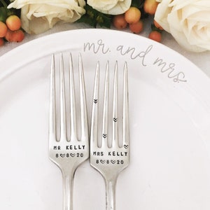 Vintage Wedding Forks - personalized Mr and Mrs dated with names and heart tines, hand stamped silver, cake forks