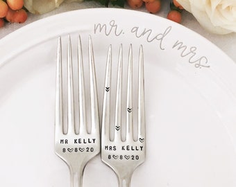 Vintage Wedding Forks - personalized Mr and Mrs dated with names and heart tines, hand stamped silver, cake forks