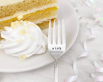 Birthday cake fork -Wish-  first birthday, personalized cake fork - hand stamped vintage silver fork, upcycled