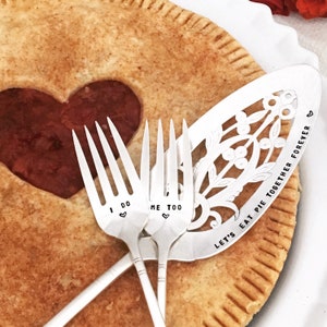 Hand stamped wedding pie server and dessert forks - Let&#39;s eat pie together forever, personalized wedding gift, keepsake,