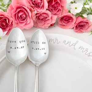 Hand Stamped Vintage Silver Wedding / Anniversary spoons - love you & still do -dated, 25th anniversary, silver anniversary, wedding spoons