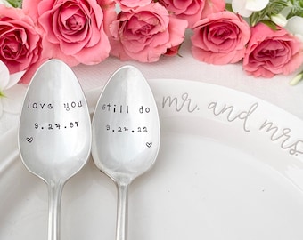 Hand Stamped Vintage Silver Wedding / Anniversary spoons - love you & still do -dated, 25th anniversary, silver anniversary, wedding spoons