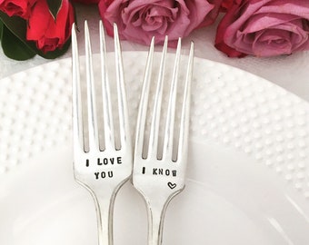 Hand Stamped Wedding Forks - I love you & I know, vintage silverware, cake forks, dessert forks, wedding cake,  vintage wedding