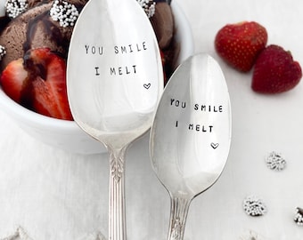 Ice cream spoon - You Smile, I Melt - hand stamped spoon, vintage silverware, ice cream date