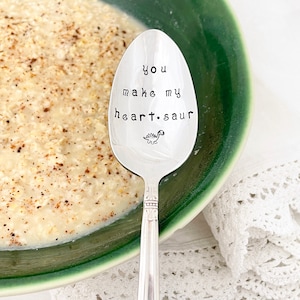 Dinosaur spoon,  dinosaur - you make my heart-saur,  hand stamped spoon