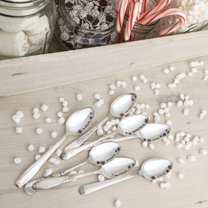 May include: Six silver spoons with snowflake designs and personalized names: Abigail, Benjamin, Grady, Hunter, Cole, and Mason. The spoons are arranged on a white surface with white marshmallows scattered around them.