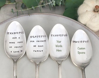 Custom Thanksgiving Serving Spoons, personalized with your words - What are you thankful for?   Hand stamped vintage silverware