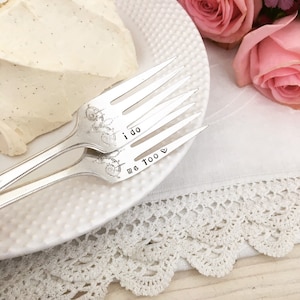 Vintage Wedding Forks - I do & me too, hand stamped silver cake forks, dessert forks, engagement gift