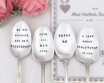 Alice in Wonderland tea party,  hand stamped teaspoons,  tea party favors, unbirthday party