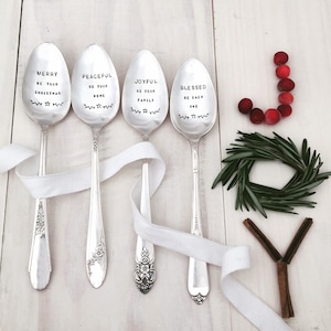 Christmas Serving Spoons, Vintage Silverware, Christmas blessing, Hostess gift