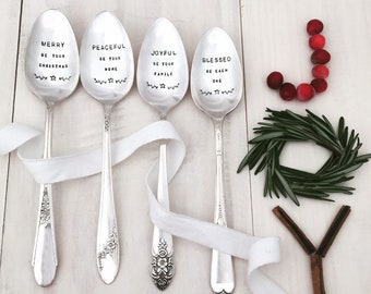 Christmas Serving Spoons, Vintage Silverware, Christmas blessing, Hostess gift