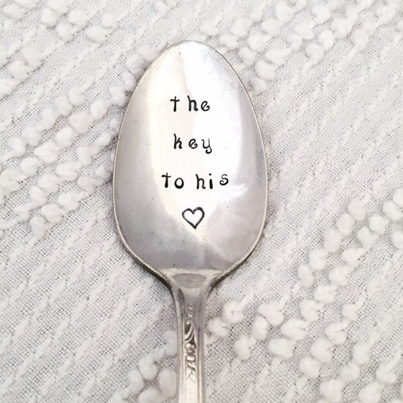the key to his heart hand stamped silver spoon vintage teaspoon