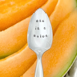 One In A Melon,  vintage silverplate fruit spoon, grapefruit spoon, citrus spoon,  hand stamped and personalized.