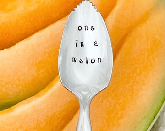 One In A Melon,  vintage silverplate fruit spoon, grapefruit spoon, citrus spoon,  hand stamped and personalized.