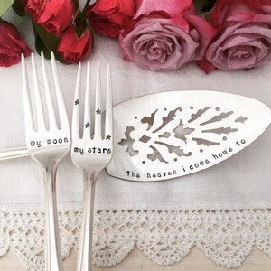 Celestial Wedding, Cake Serving Set - my moon & my stars - the heaven i come home to, vintage wedding keepsake, hand stamped