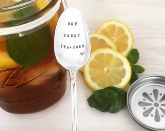 hand stamped silver iced tea spoon - one sweet tea-cher,  teacher gift, teacher appreciation