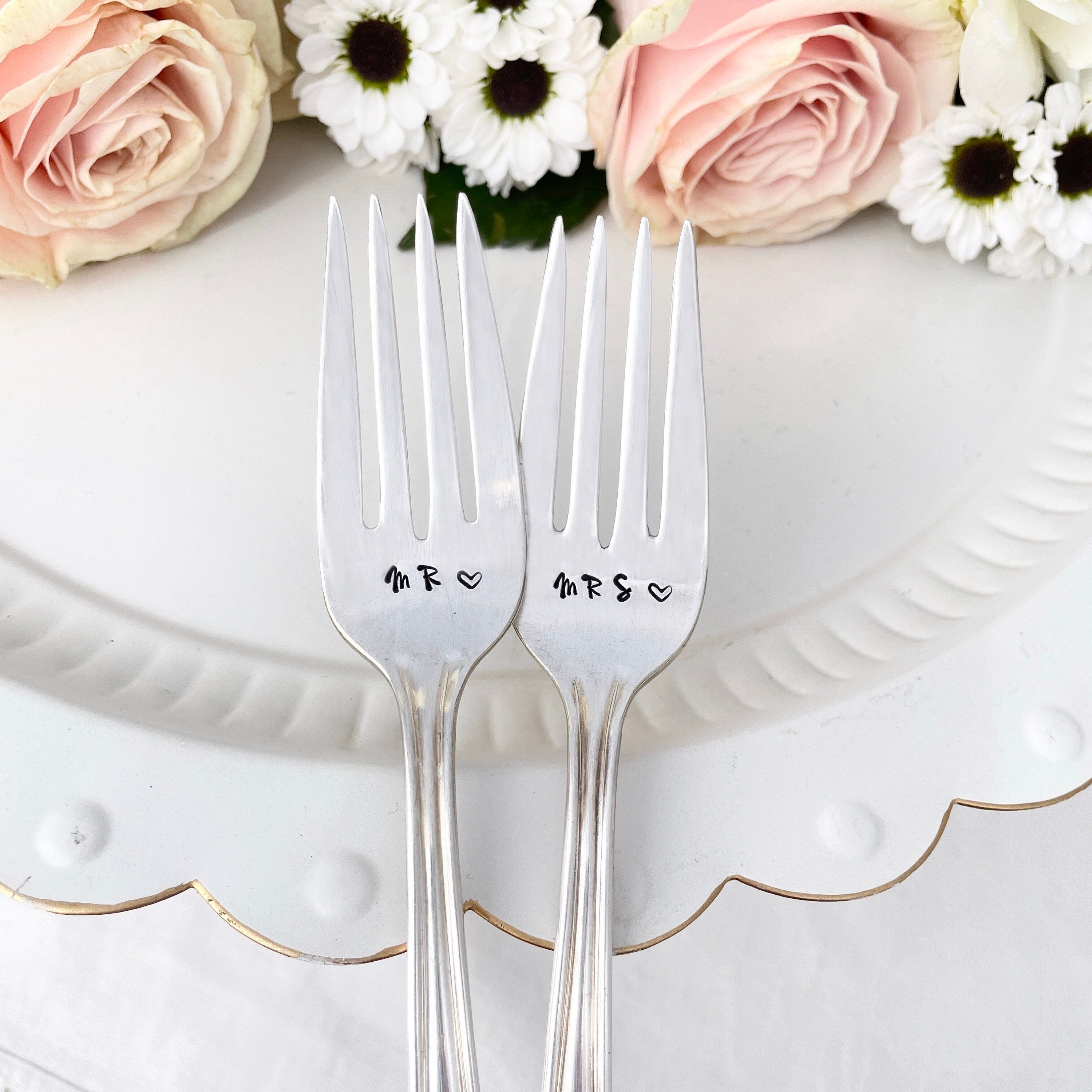 Vintage Wedding Forks - Mr & Mrs, hand stamped silver cake forks     Bridal shower gift, wedding keepsake, engagement gift