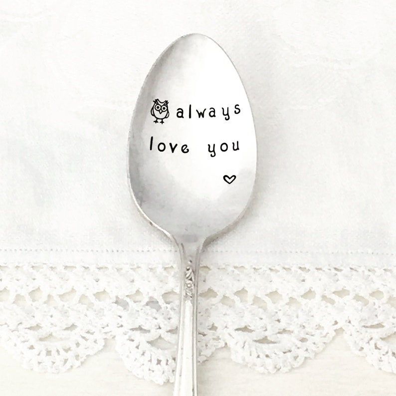 hand stamped vintage silver spoon Owl always love you, cheeky valentine image 1