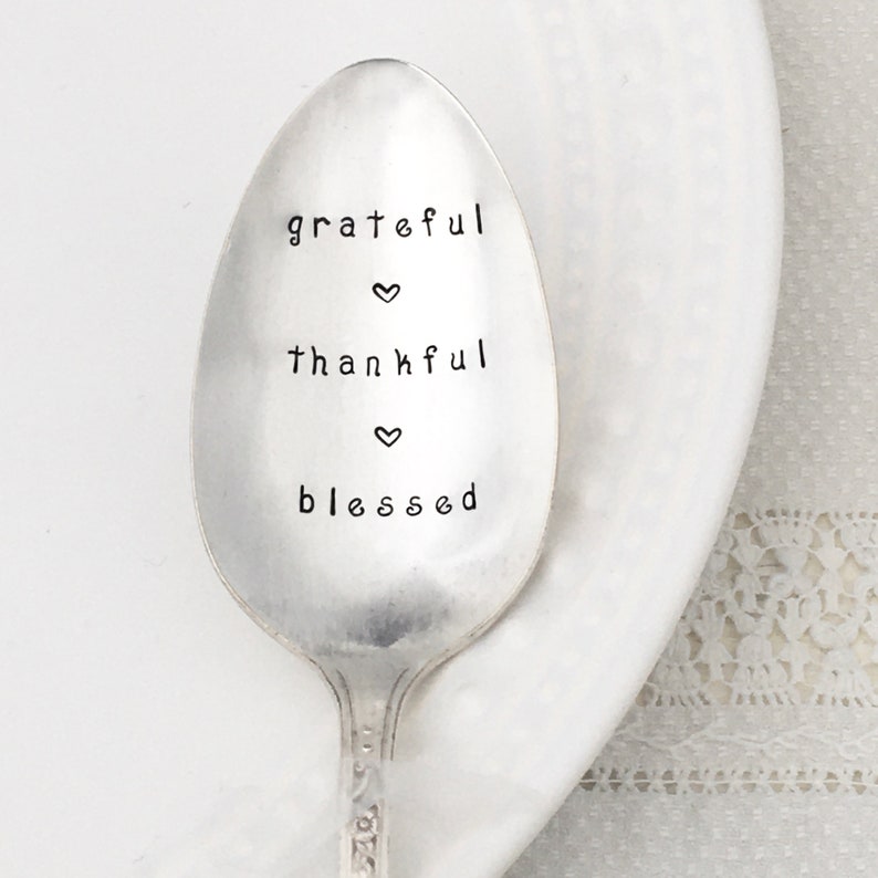 hand stamped serving spoon Grateful, Thankful, Blessed, Thanksgiving serving spoon, hostess gift, housewarming gift image 1